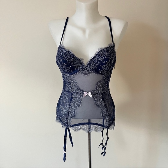 NWT Victoria's Secret Lingerie Corset  Garter Lace Navy Lace Lilac Bustier 34C - Picture 1 of 16